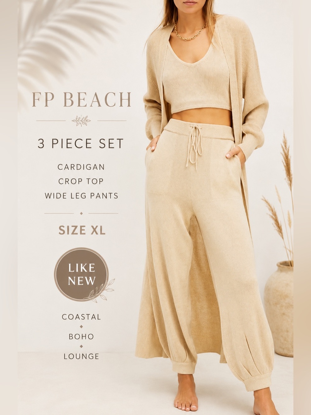FP Beach 3 Piece Knit Set Cardigan Crop Top Pants XL